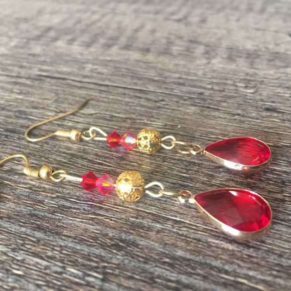 Handmade Swarovski Fire Opal Beaded Drop Earrings - Picture 2 of 2